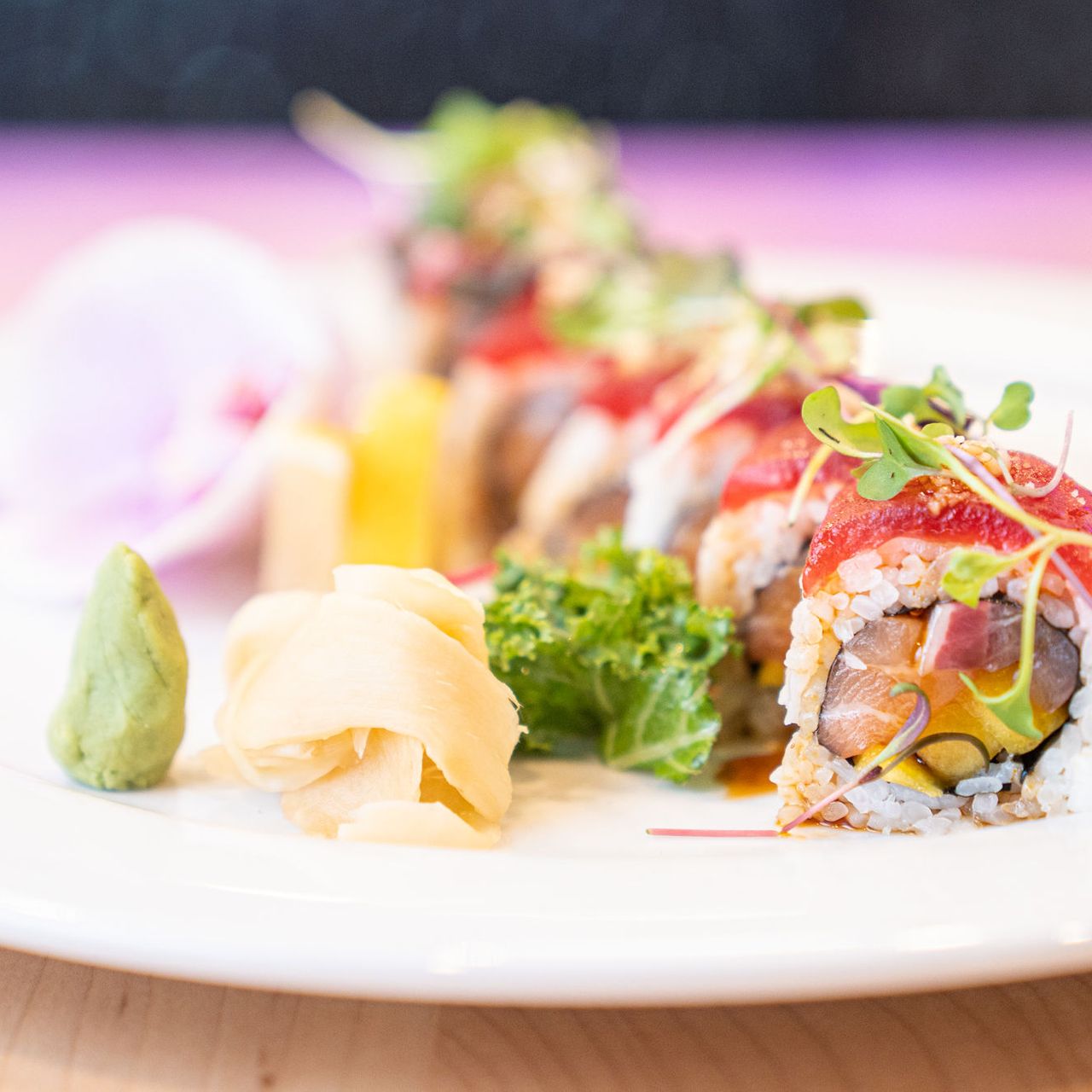 My lunch today! Treated myself to a Lover's roll (tuna, salmon, avocado on  a shrimp tempura and krab roll with eel sauce) and a Crunchy Dragon roll  (tuna and masago over a